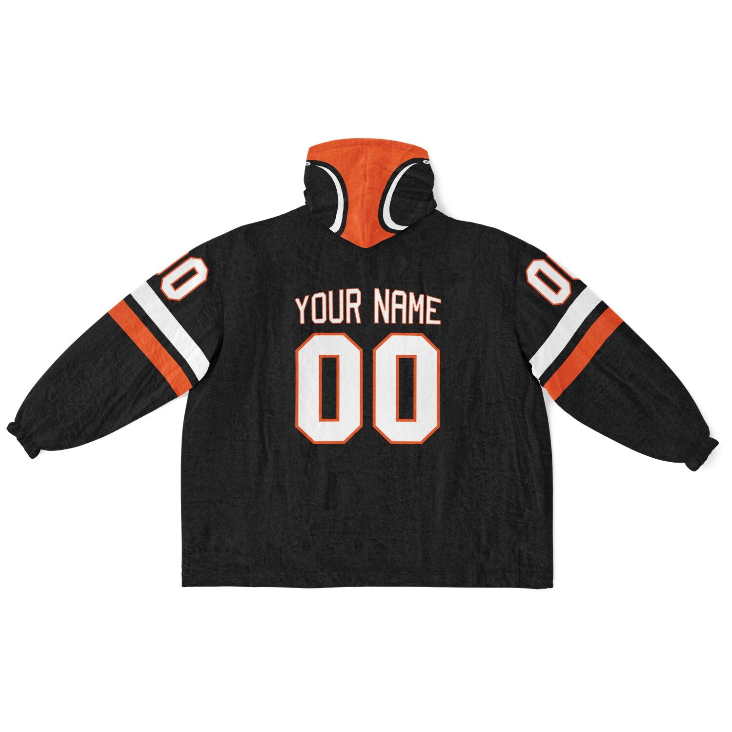 Black, orange, and white classic snug hoodie featuring authentic jersey striping and personalized number details.