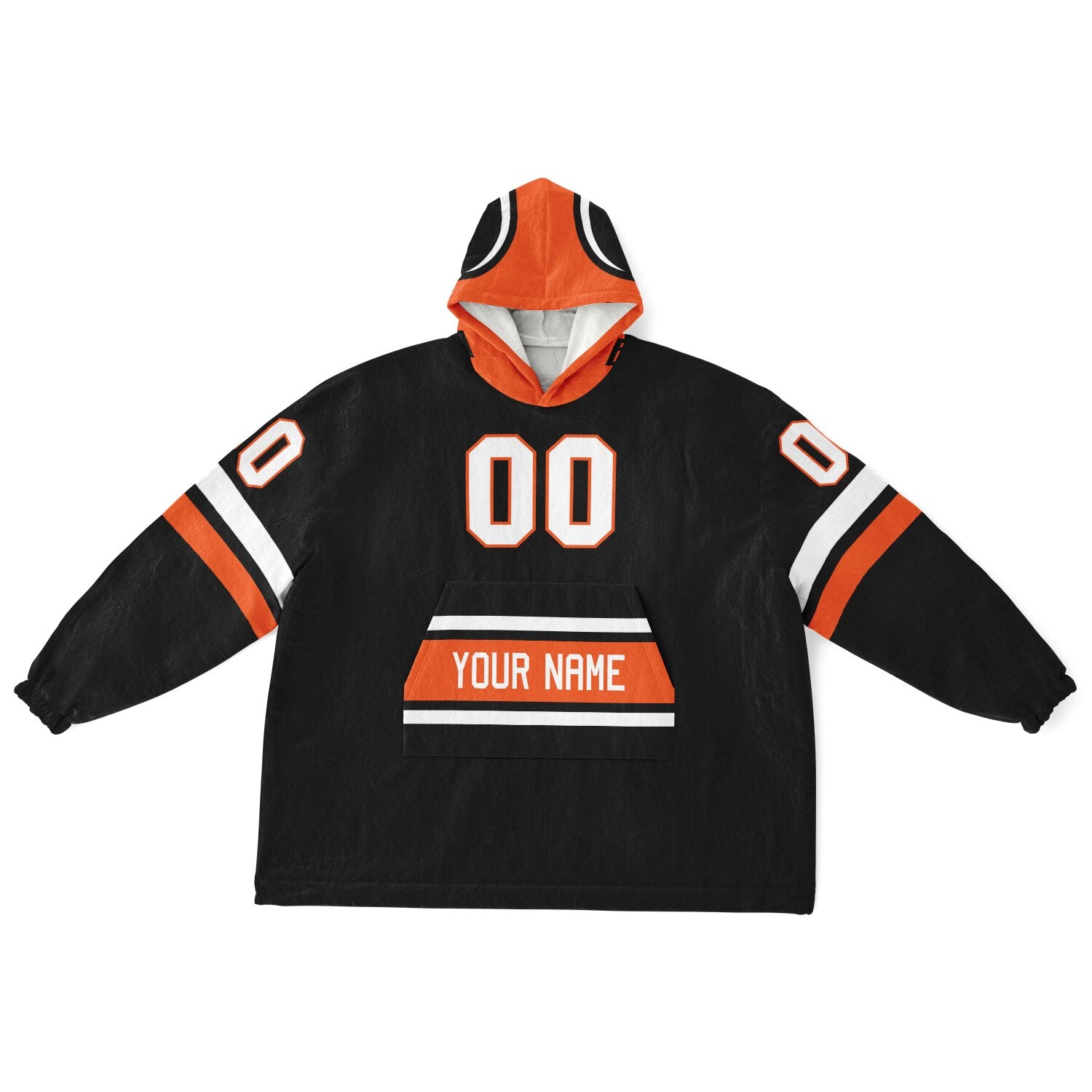 Black, orange, and white classic snug hoodie featuring authentic jersey striping and personalized number details.