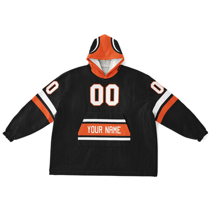 Black, orange, and white classic snug hoodie featuring authentic jersey striping and personalized number details.