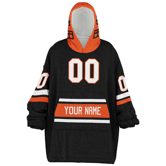 Orange, black, and white classic snug hoodie featuring authentic jersey striping and personalized number details.