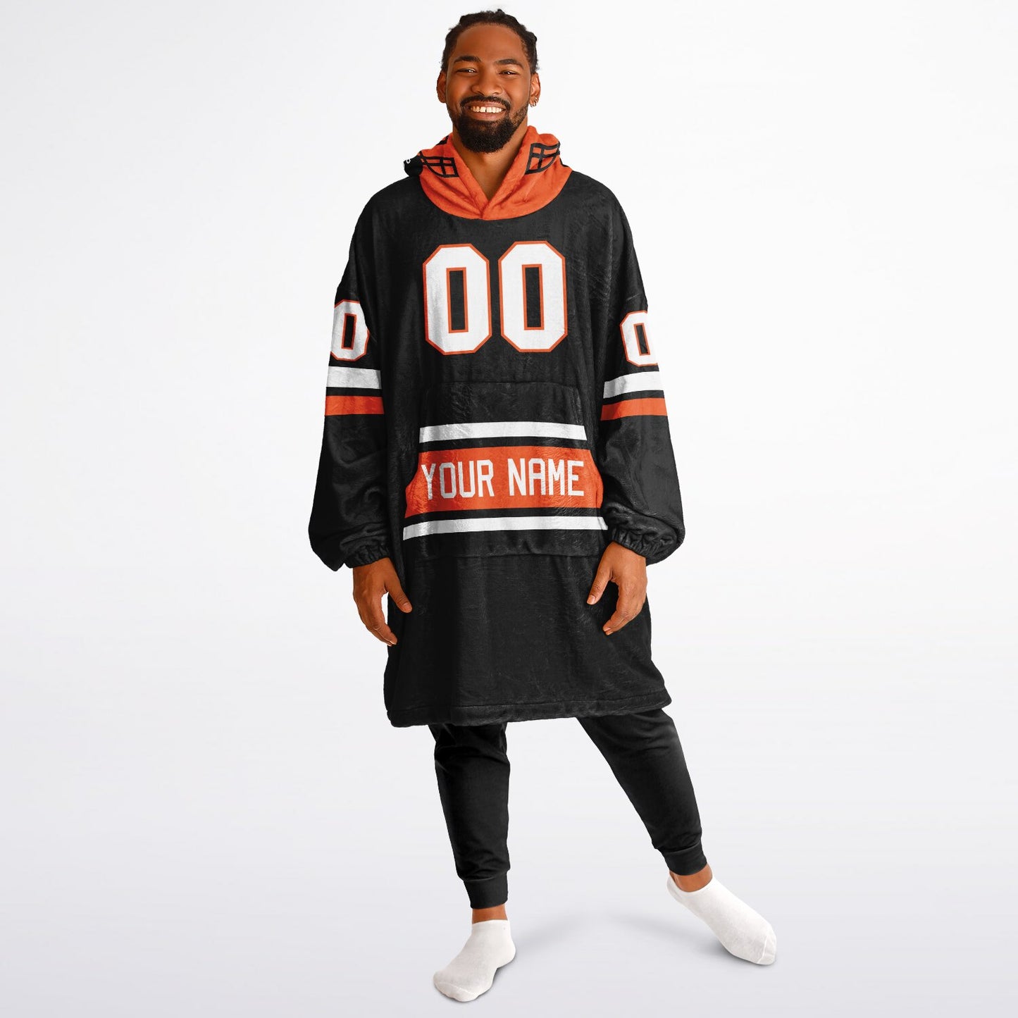 Black, orange, and white classic snug hoodie featuring authentic jersey striping and personalized number details.