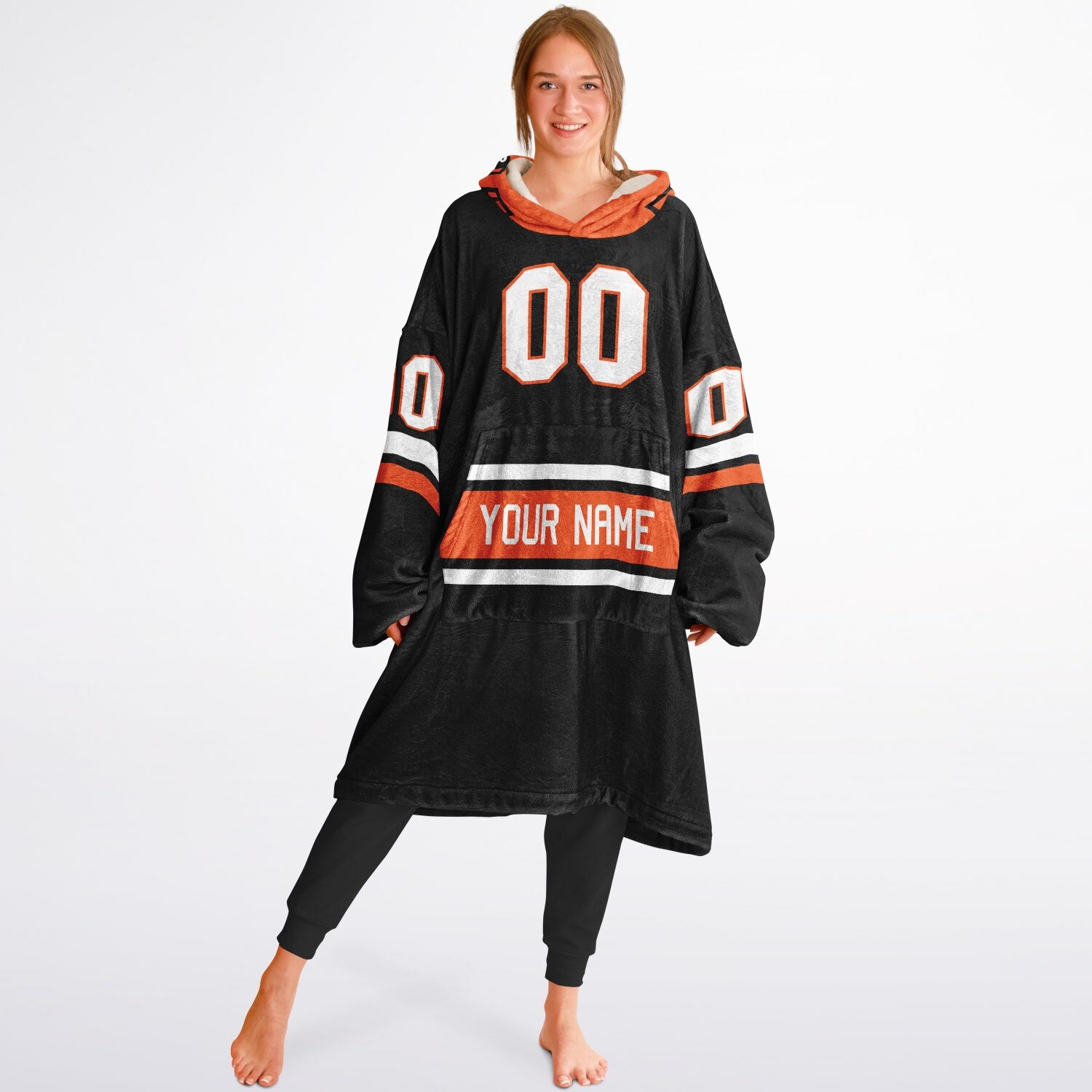 Black, orange, and white classic snug hoodie featuring authentic jersey striping and personalized number details.