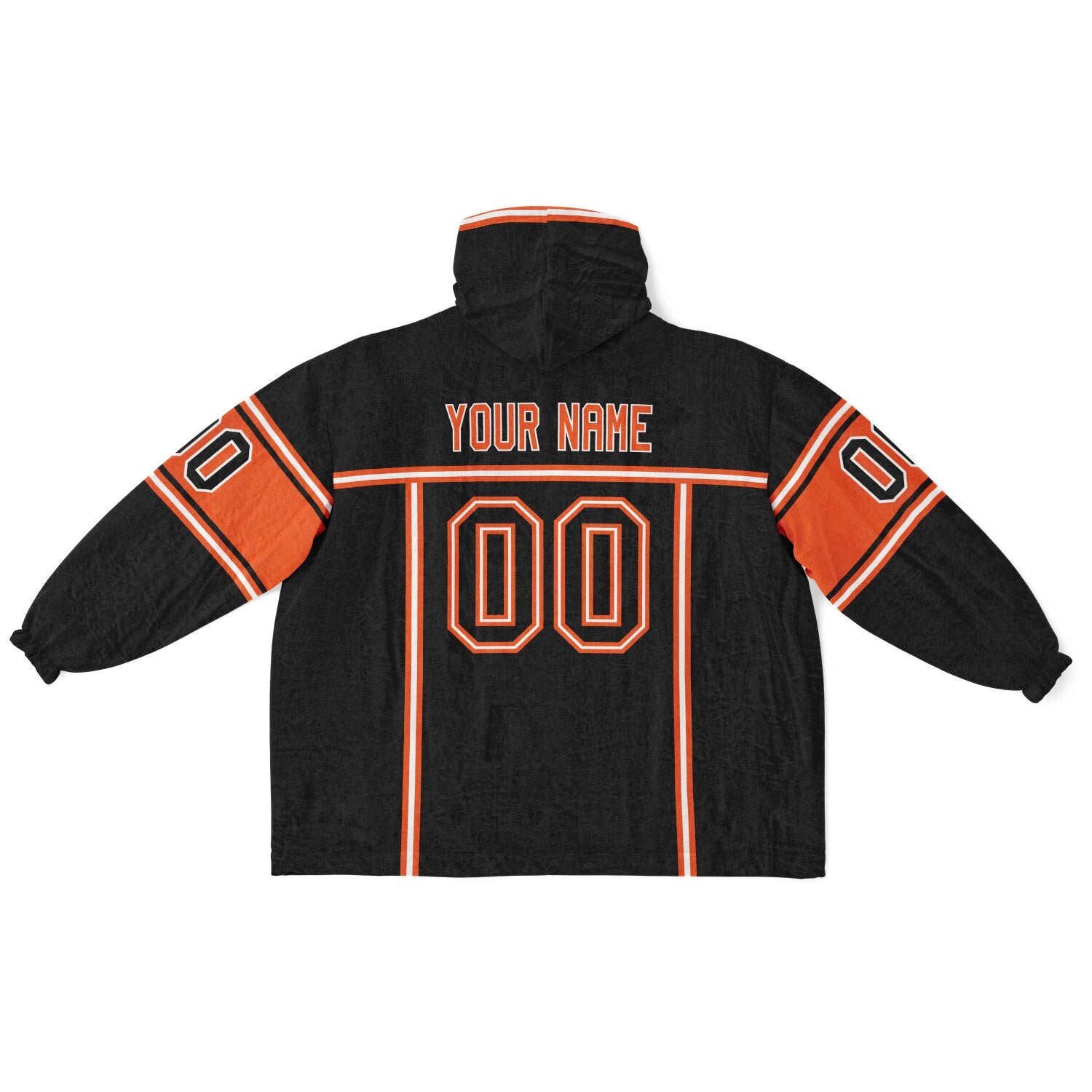 Black, orange, and white lineup snug hoodie with clean line work and subtle jersey influence.