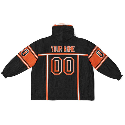 Black, orange, and white lineup snug hoodie with clean line work and subtle jersey influence.