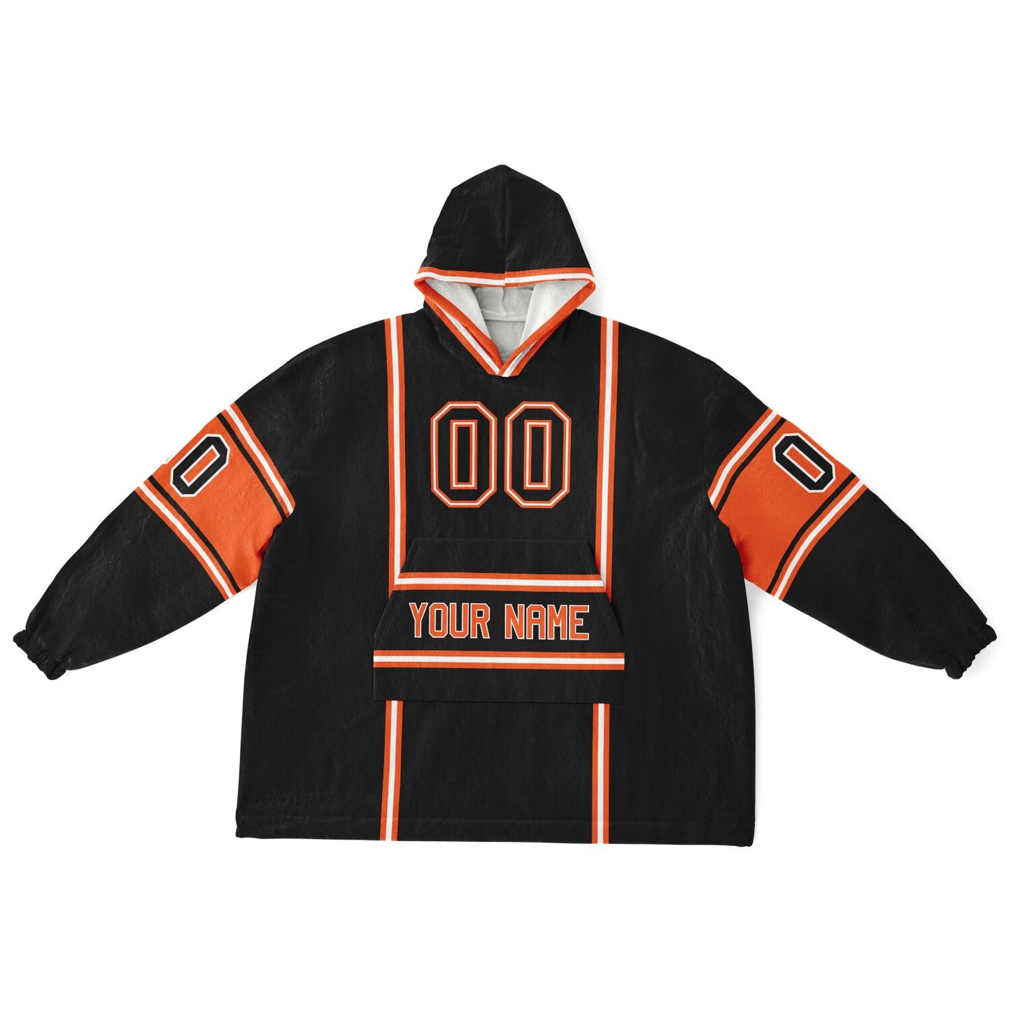 Black, orange, and white lineup snug hoodie with clean line work and subtle jersey influence.
