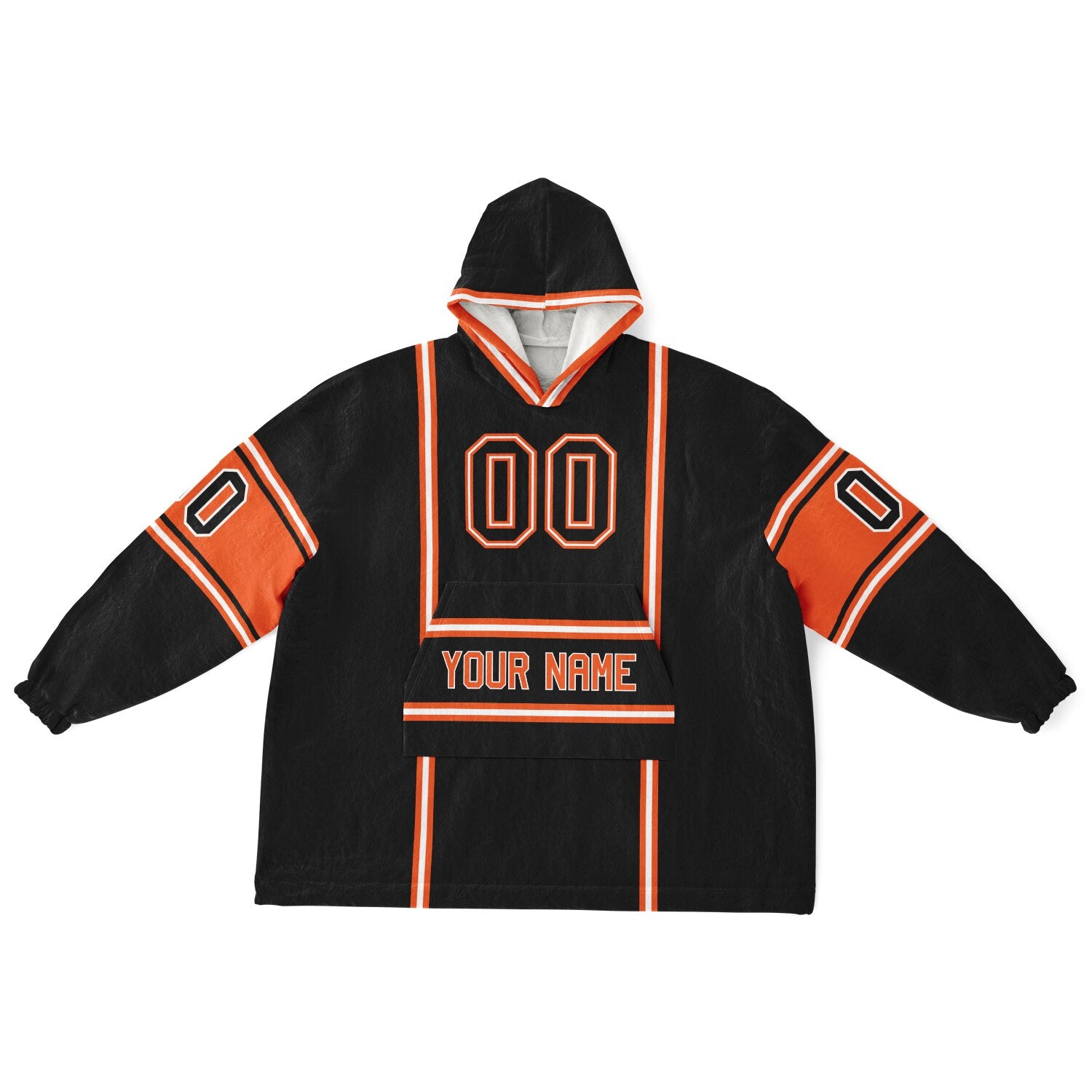 Black, orange, and white lineup snug hoodie with clean line work and subtle jersey influence.