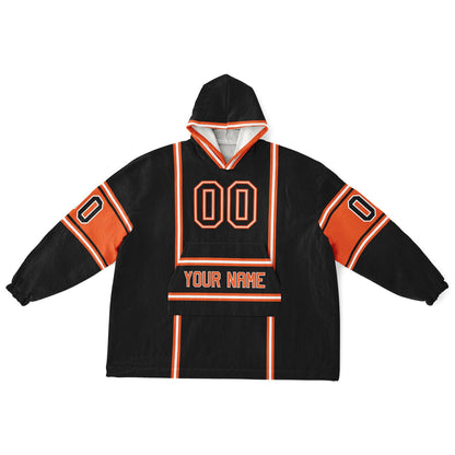 Black, orange, and white lineup snug hoodie with clean line work and subtle jersey influence.