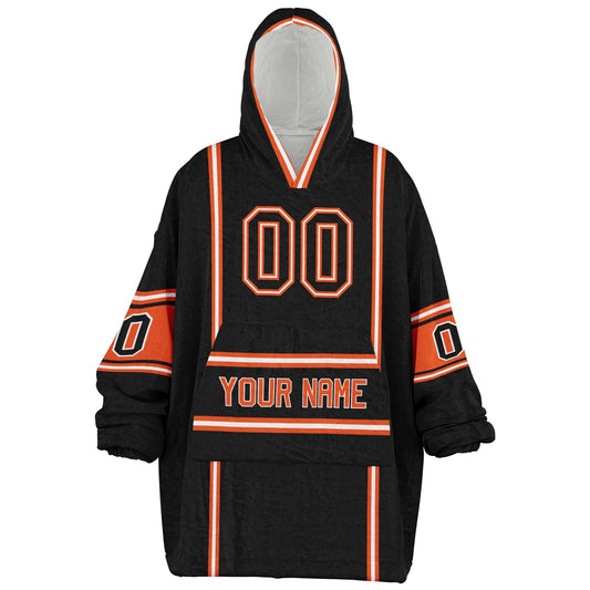 Black, orange, and white lineup snug hoodie with clean line work and subtle jersey influence.