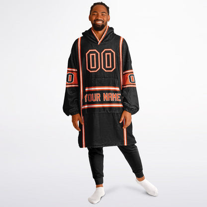 Black, orange, and white lineup snug hoodie with clean line work and subtle jersey influence.
