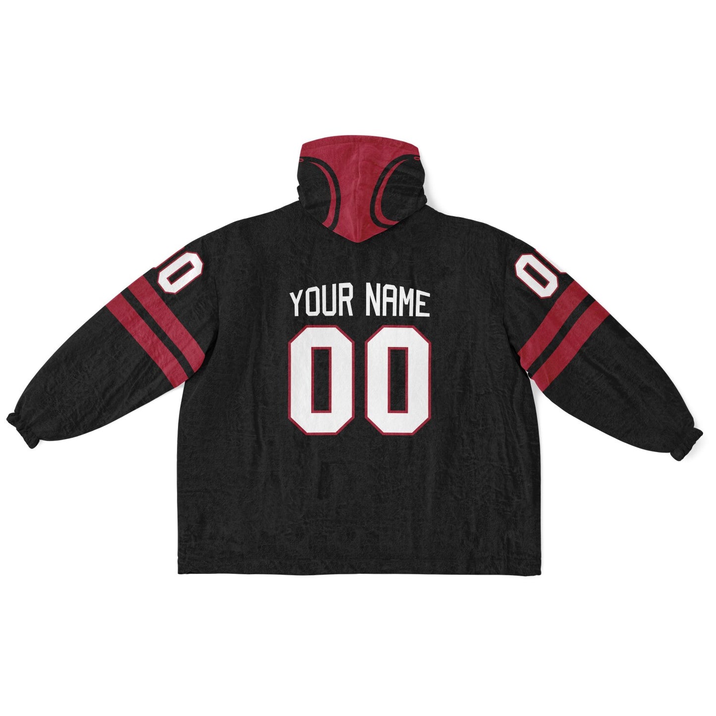 Black and red classic snug hoodie featuring jersey-style stripes and personalized name and number.