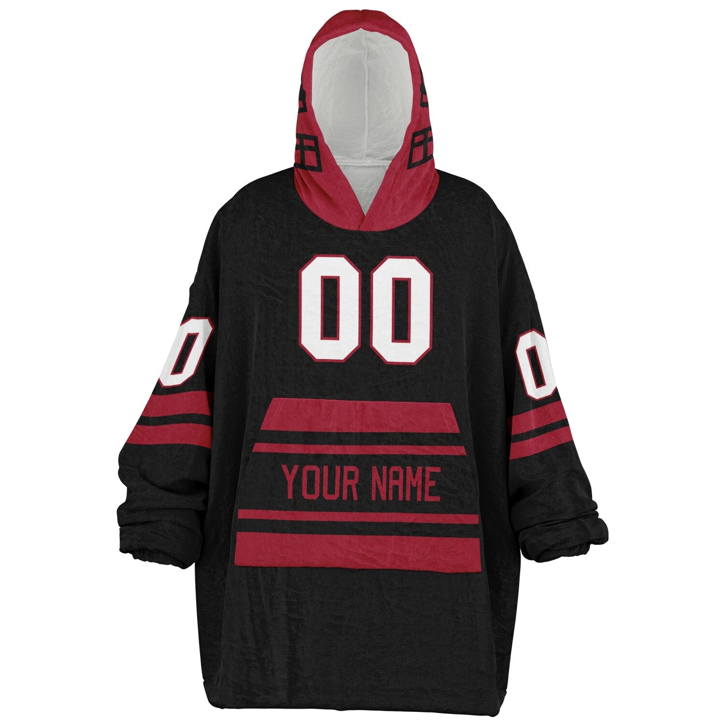 Black and red classic snug hoodie featuring jersey-style stripes and personalized name and number.