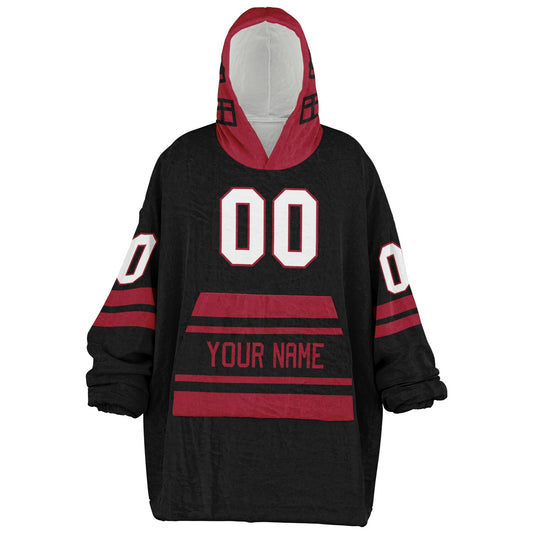 Black and red classic snug hoodie featuring jersey-style stripes and personalized name and number.