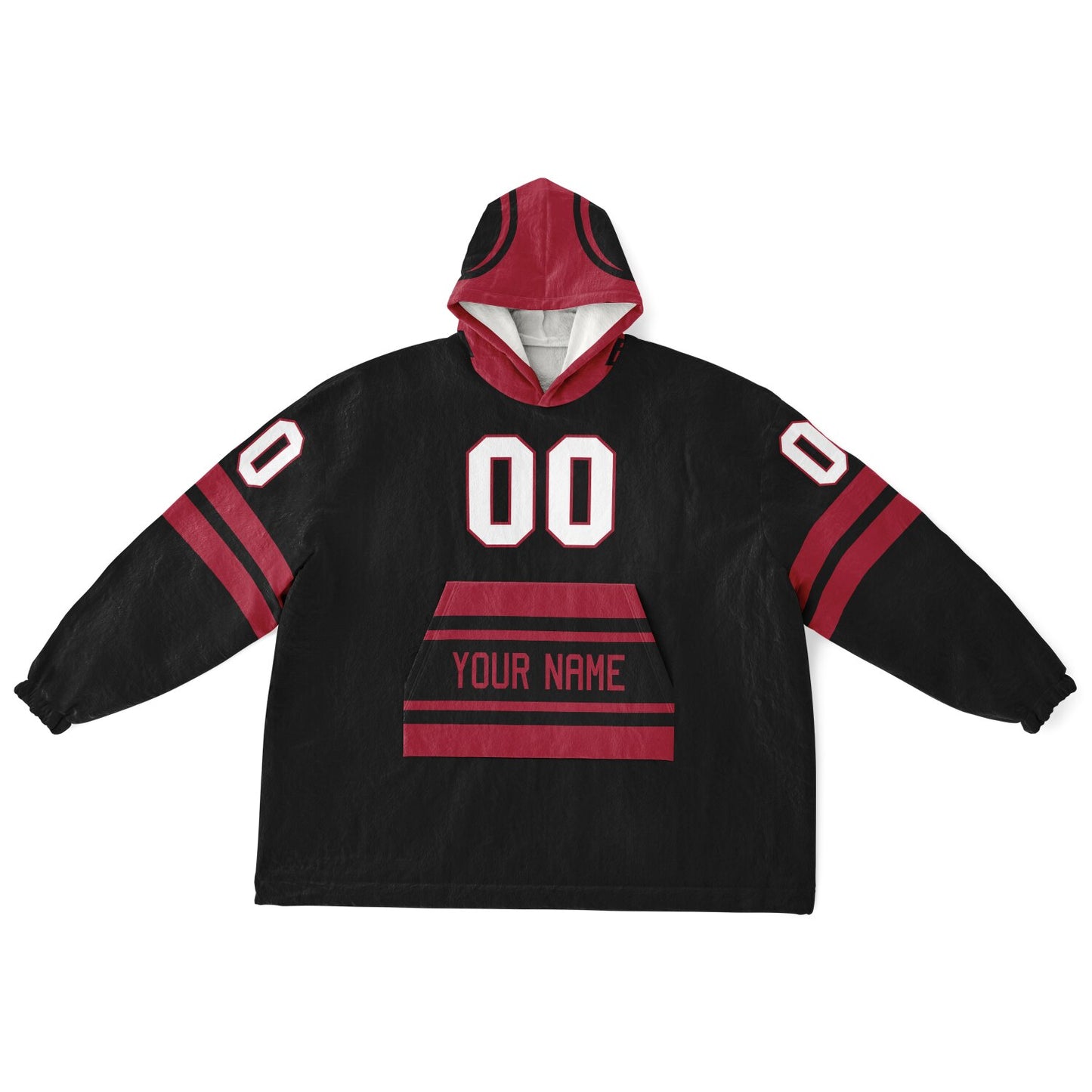 Black and red classic snug hoodie featuring jersey-style stripes and personalized name and number.