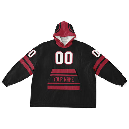 Black and red classic snug hoodie featuring jersey-style stripes and personalized name and number.