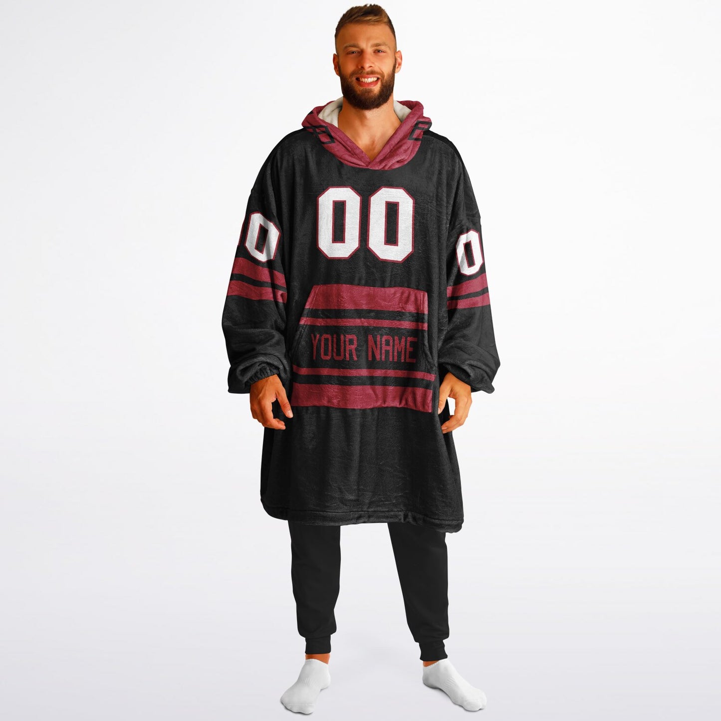 Black and red classic snug hoodie featuring jersey-style stripes and personalized name and number.