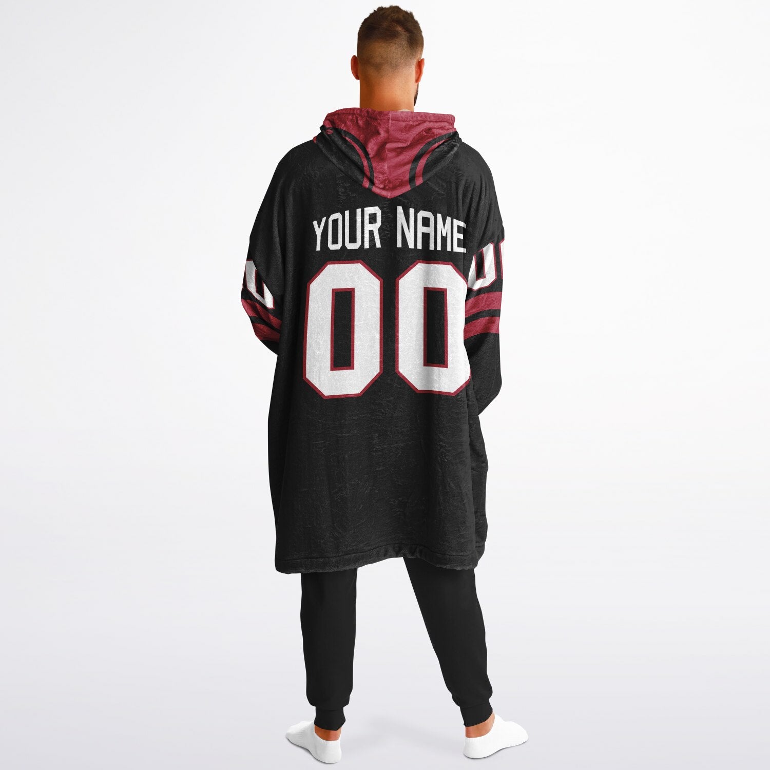 Black and red classic snug hoodie featuring jersey-style stripes and personalized name and number.
