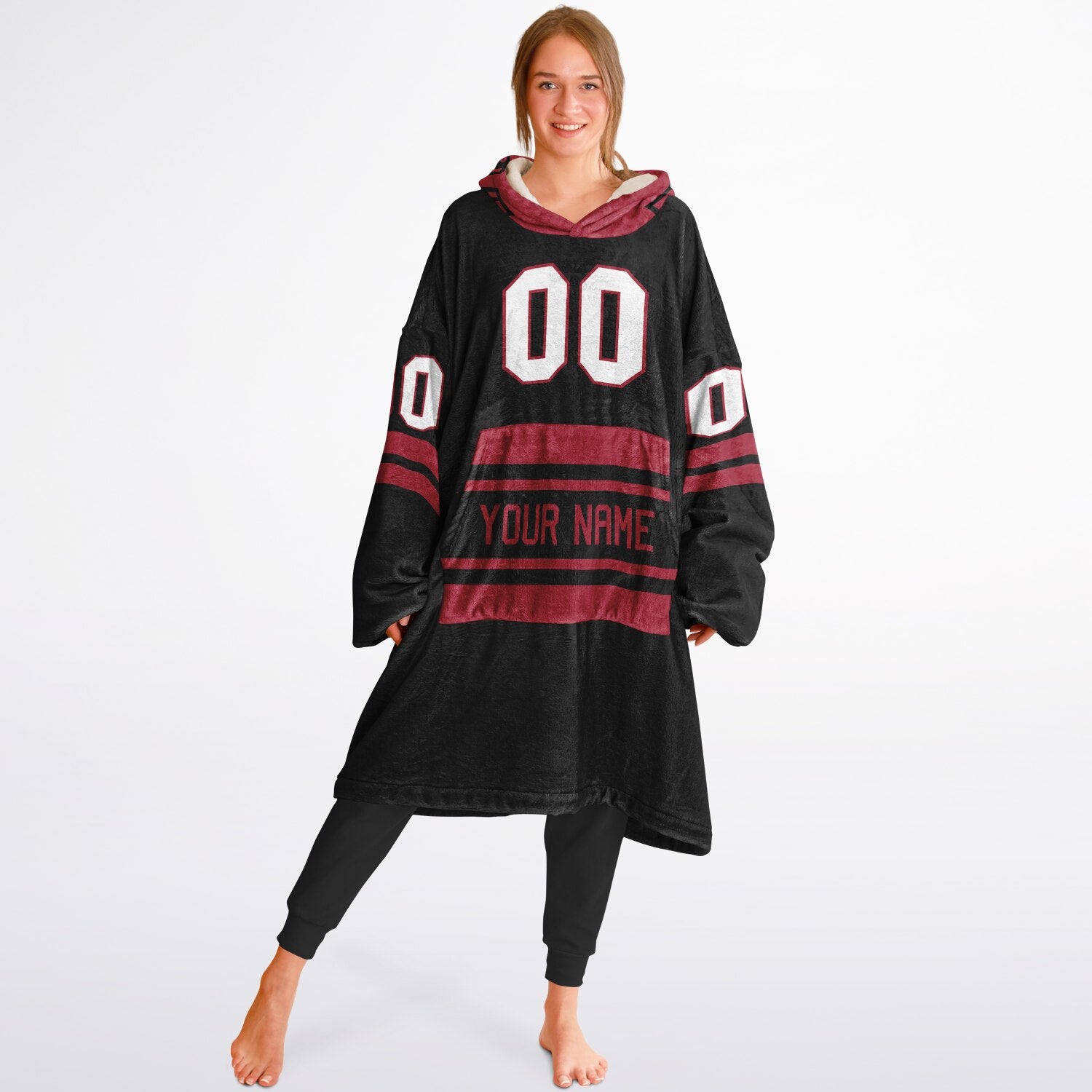 Black and red classic snug hoodie featuring jersey-style stripes and personalized name and number.