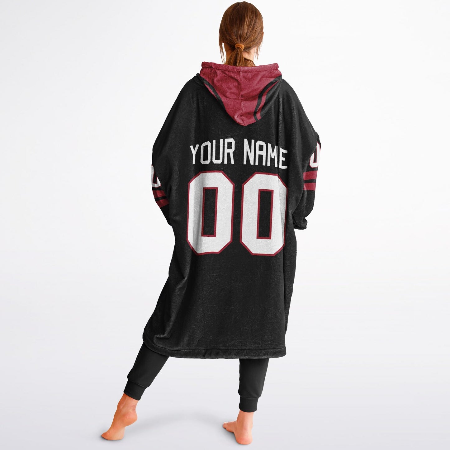Black and red classic snug hoodie featuring jersey-style stripes and personalized name and number.