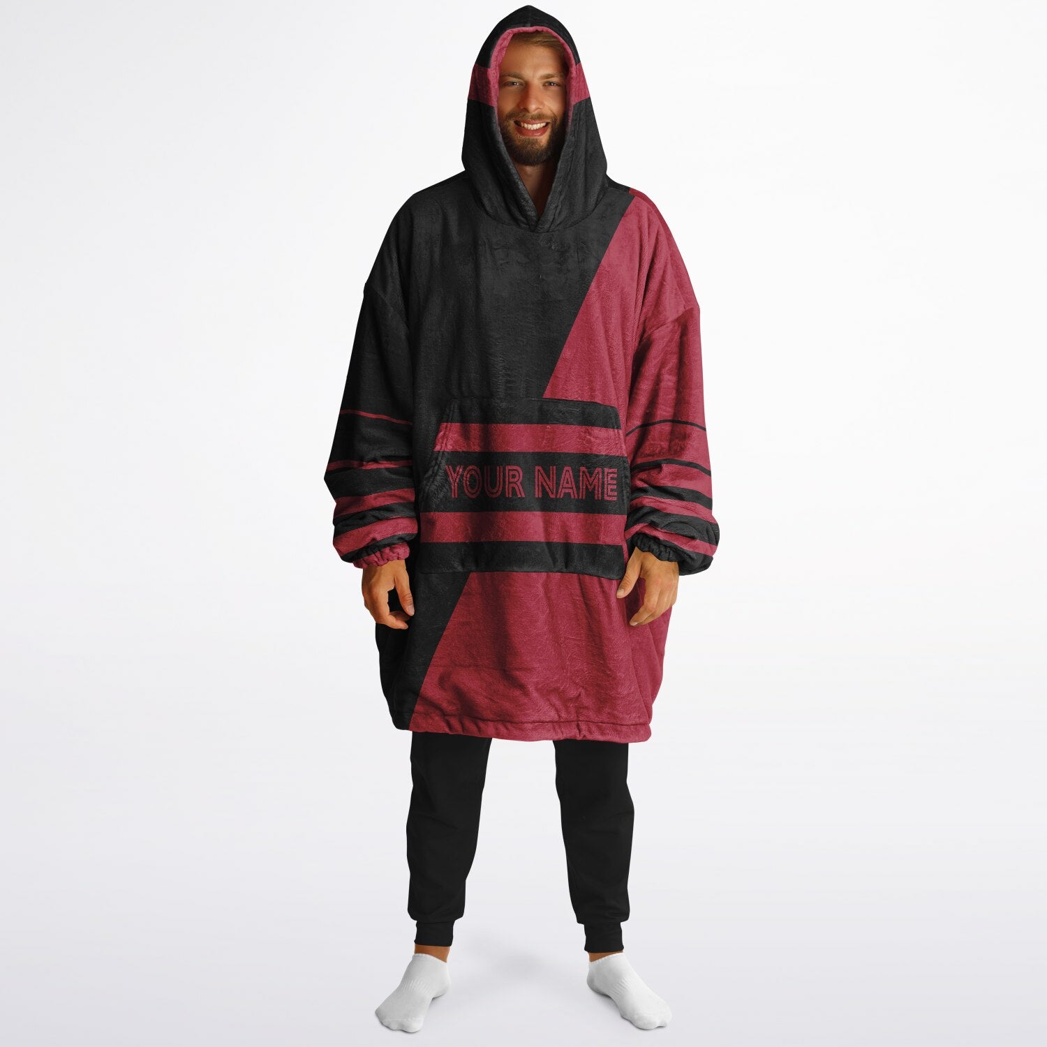 Black and red reversible snug hoodie with soft interior lining and casual everyday style for football fans.