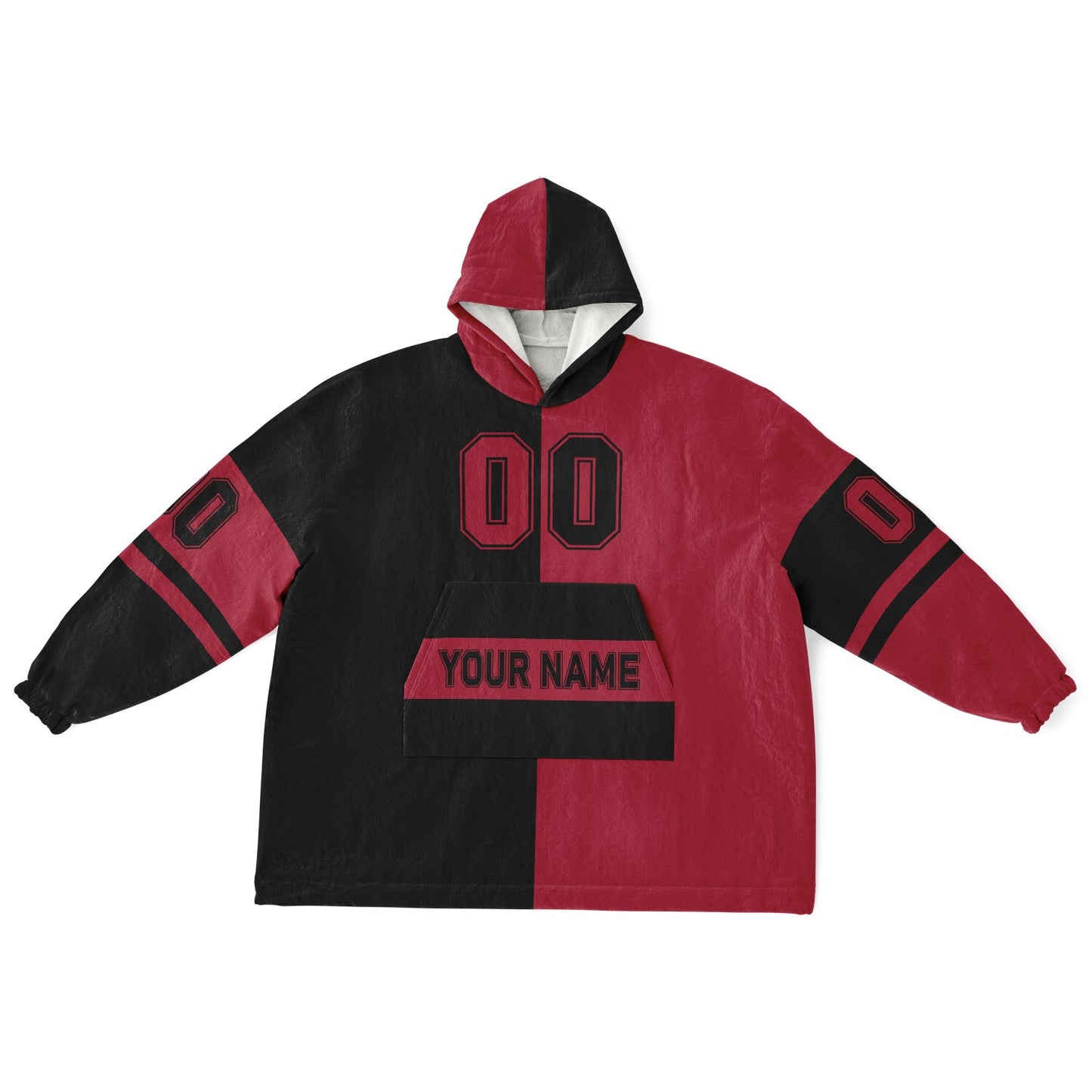 Black and red halftime snug hoodie featuring a symmetrical split design for a dynamic game-day look.