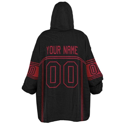 Black and red lineup snug hoodie featuring sleek line-art details and minimalist team-inspired design.