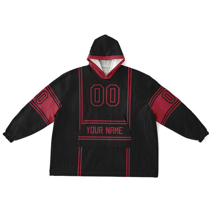 Black and red lineup snug hoodie featuring sleek line-art details and minimalist team-inspired design.