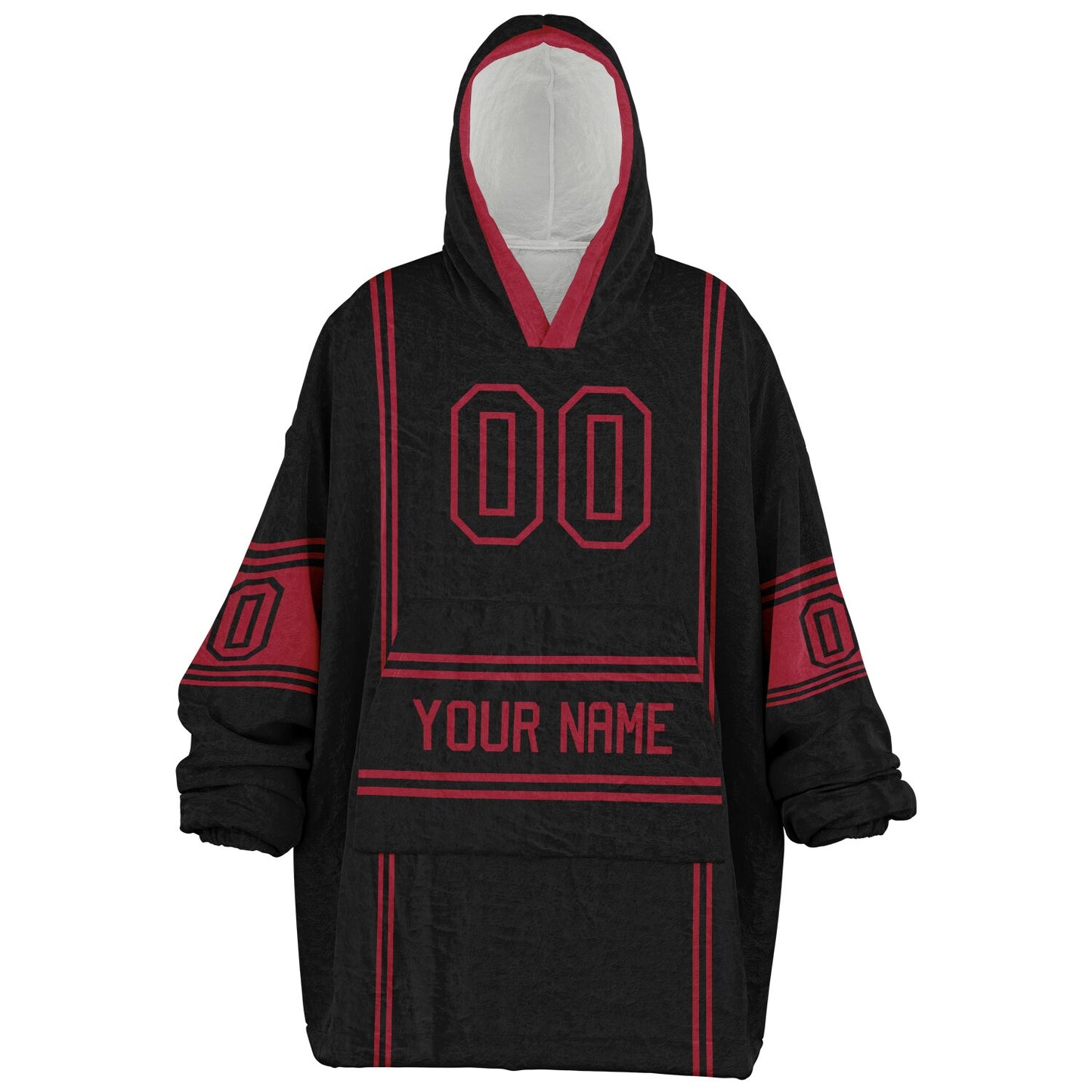 Black and red lineup snug hoodie featuring sleek line-art details and minimalist team-inspired design.