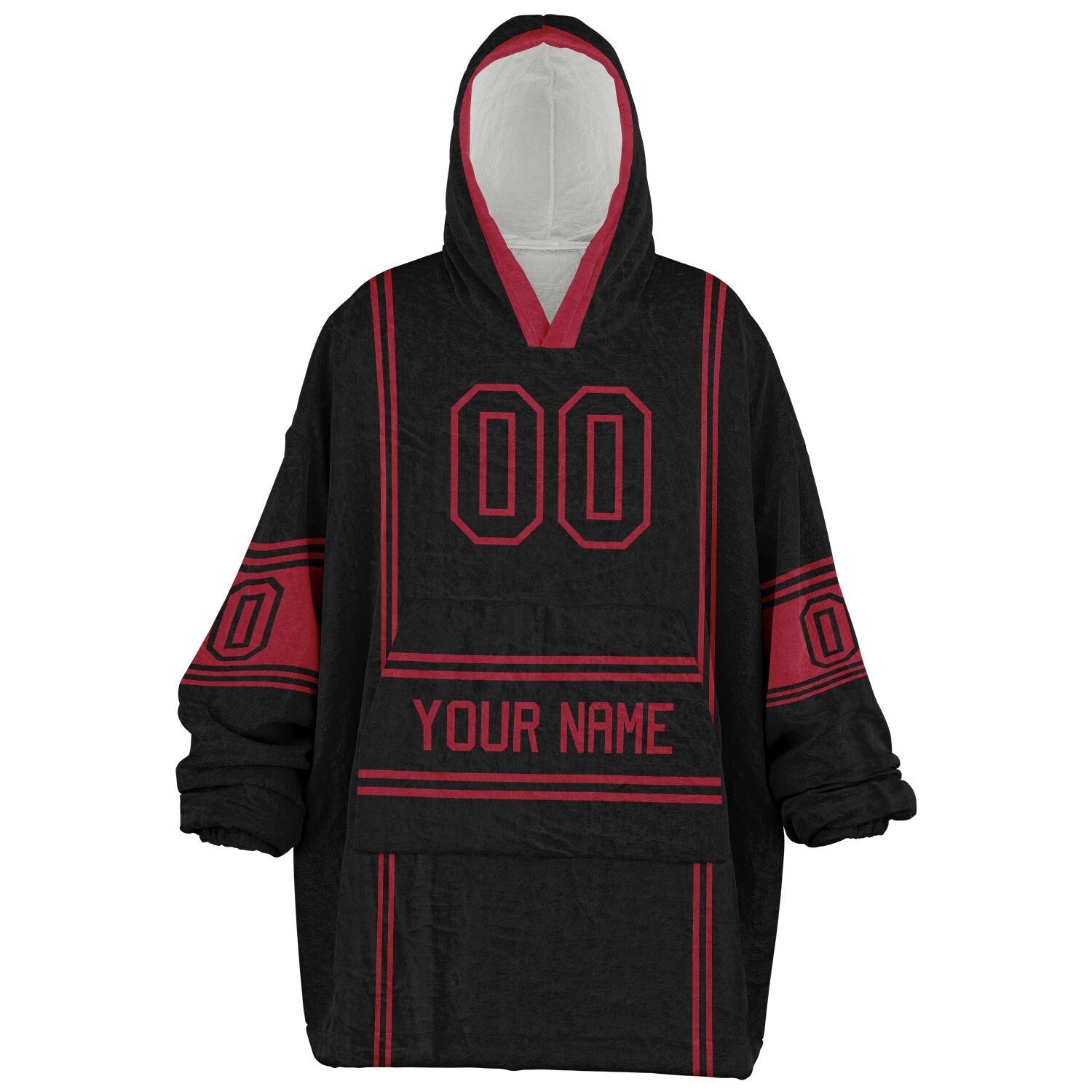 Black and red lineup snug hoodie featuring sleek line-art details and minimalist team-inspired design.