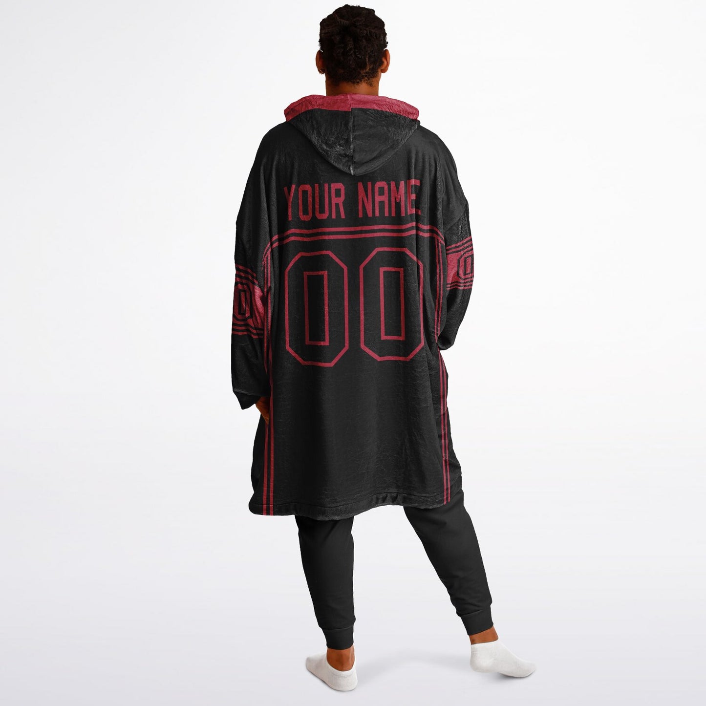 Black and red lineup snug hoodie featuring sleek line-art details and minimalist team-inspired design.