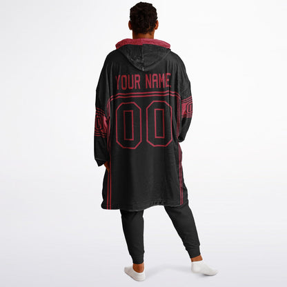 Black and red lineup snug hoodie featuring sleek line-art details and minimalist team-inspired design.