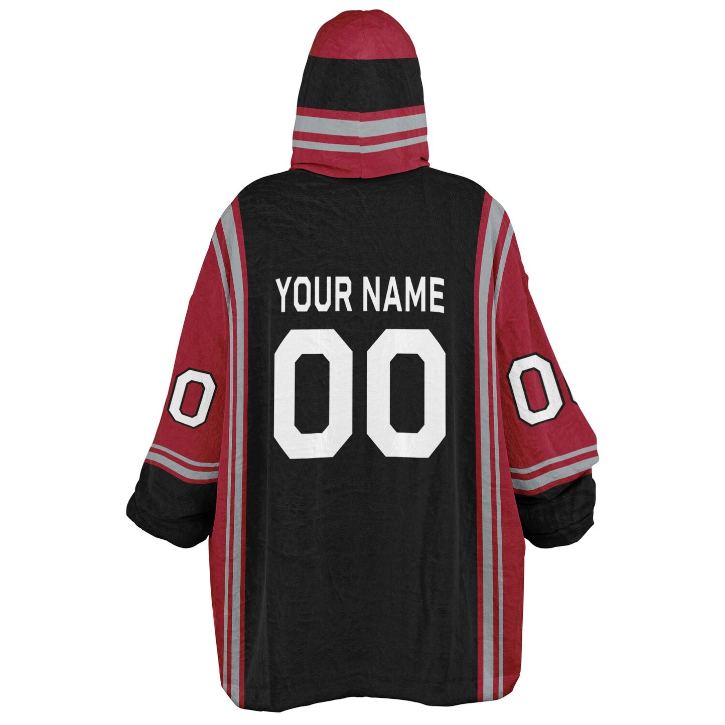 Black, red, and silver bold snug hoodie with triple color blocking and a sporty aesthetic.