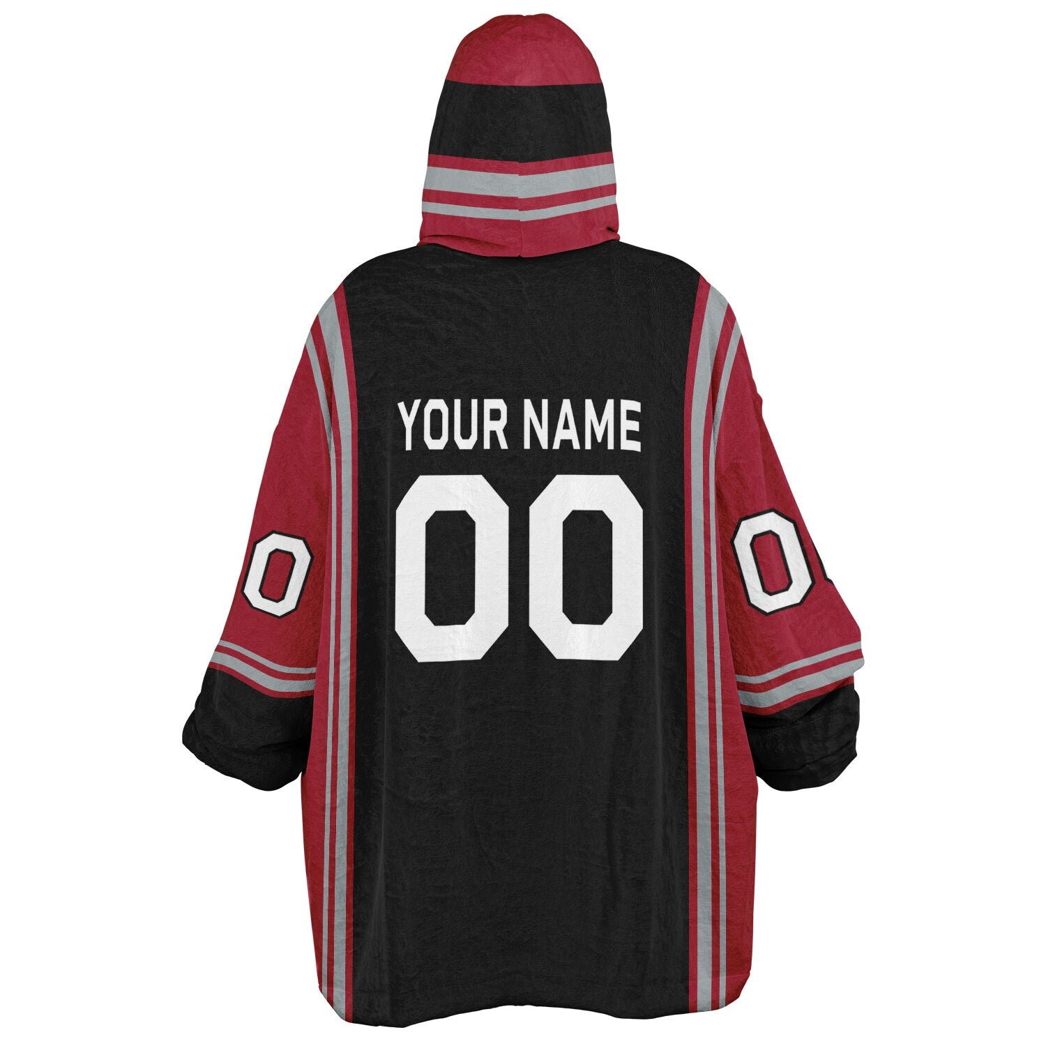 Black, red, and silver bold snug hoodie with triple color blocking and a sporty aesthetic.