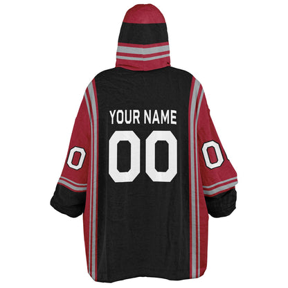 Black, red, and silver bold snug hoodie with triple color blocking and a sporty aesthetic.