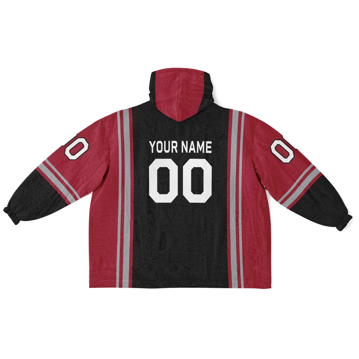 Black, red, and silver bold snug hoodie with triple color blocking and a sporty aesthetic.