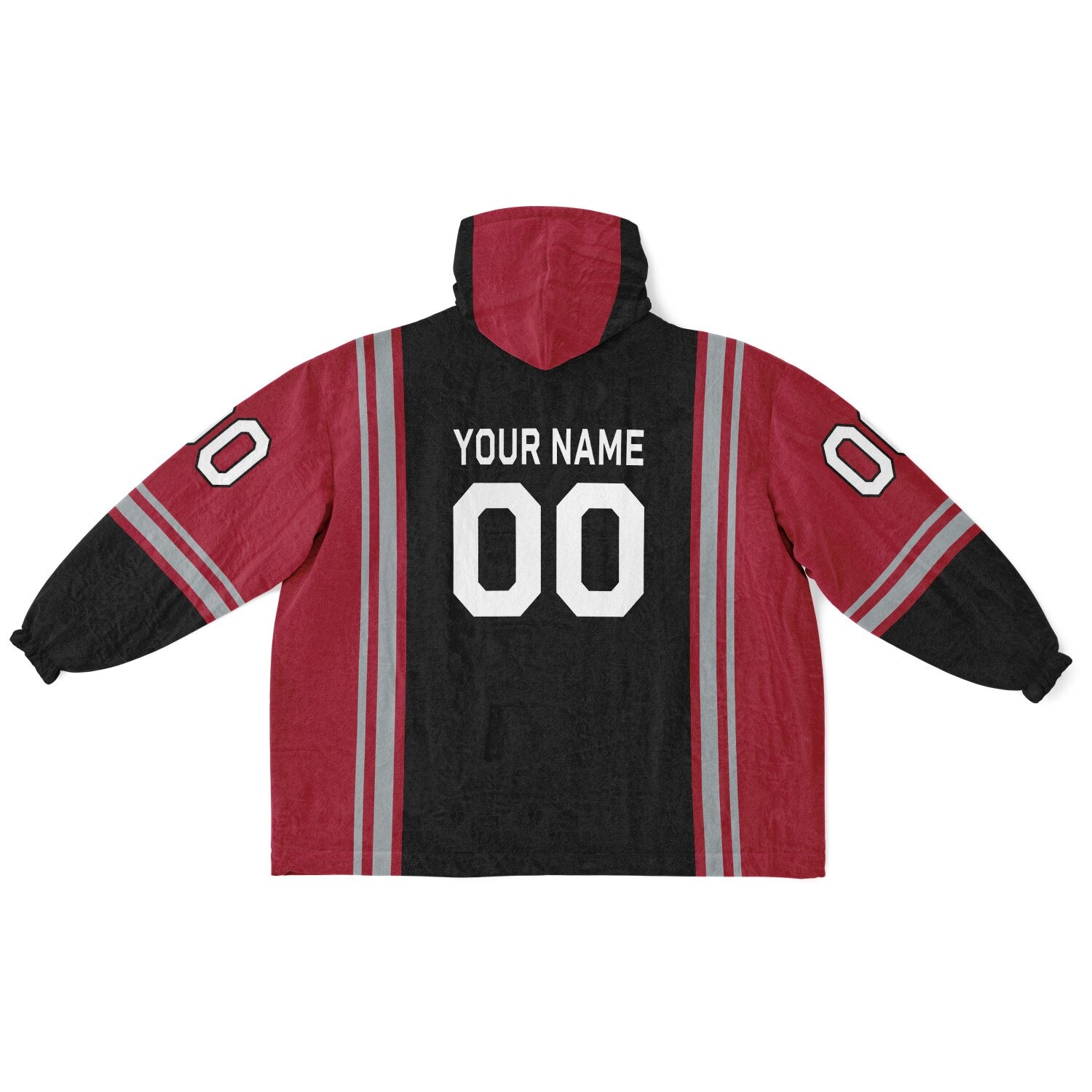 Black, red, and silver bold snug hoodie with triple color blocking and a sporty aesthetic.