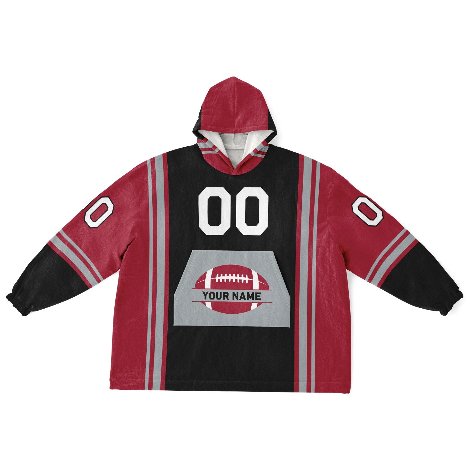 Black, red, and silver bold snug hoodie with triple color blocking and a sporty aesthetic.