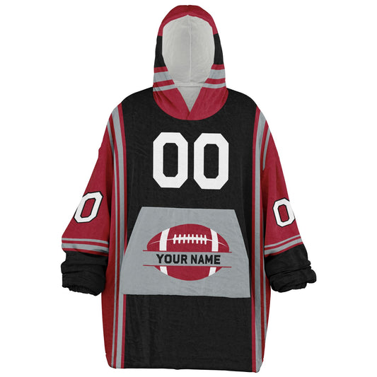 Black, red, and silver bold snug hoodie with triple color blocking and a sporty aesthetic.