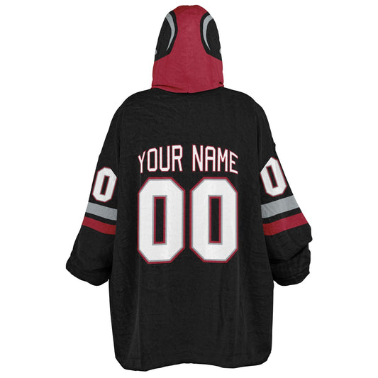 Black, red, and silver classic snug hoodie featuring authentic jersey striping and personalized number details.