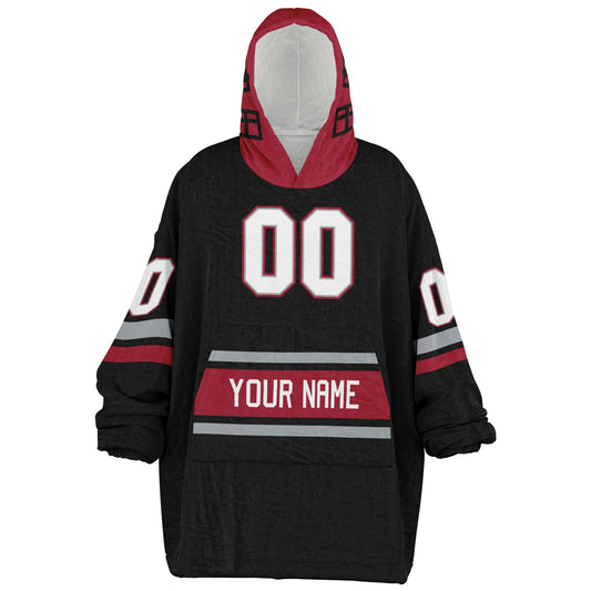 Black, red, and silver classic snug hoodie featuring authentic jersey striping and personalized number details.