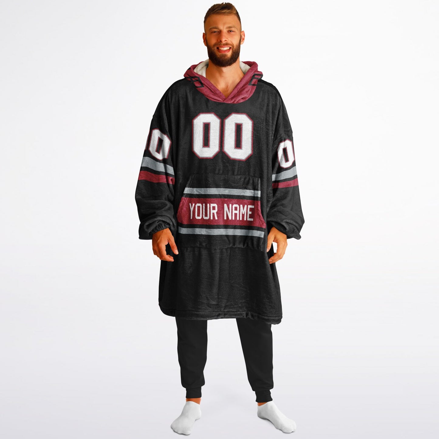 Black, red, and silver classic snug hoodie featuring authentic jersey striping and personalized number details.