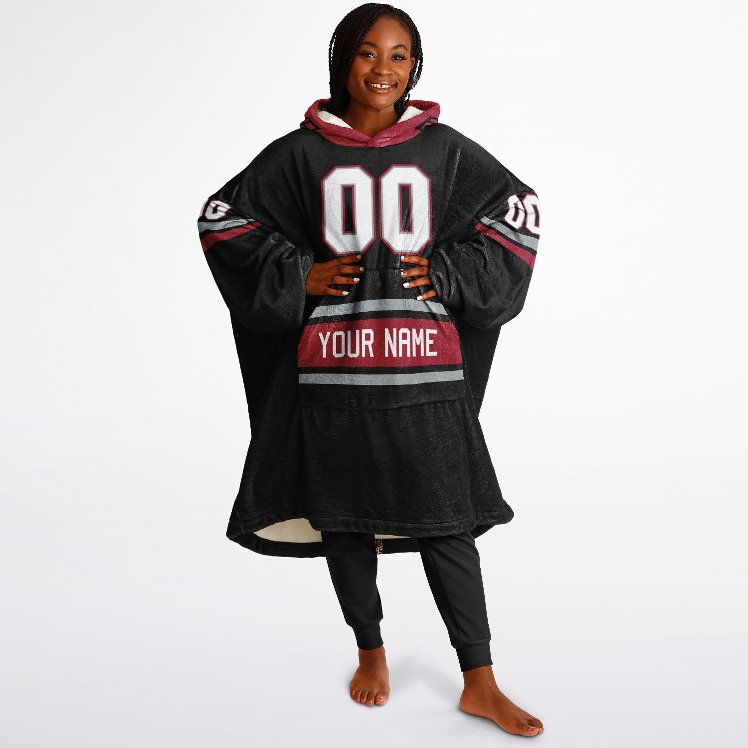 Black, red, and silver classic snug hoodie featuring authentic jersey striping and personalized number details.