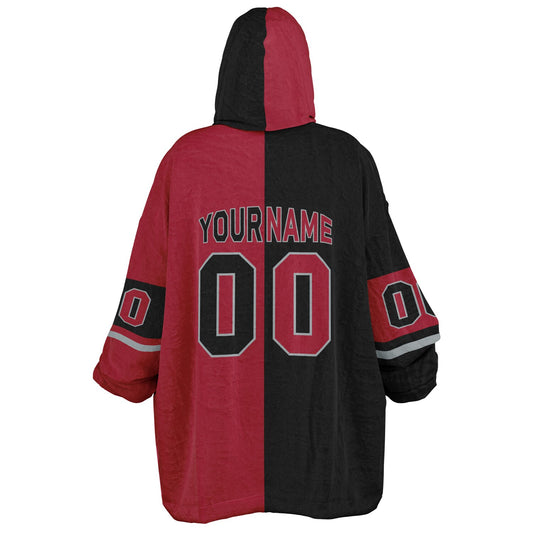 Black, red, and silver halftime snug hoodie with three-tone split design and cozy fleece texture.