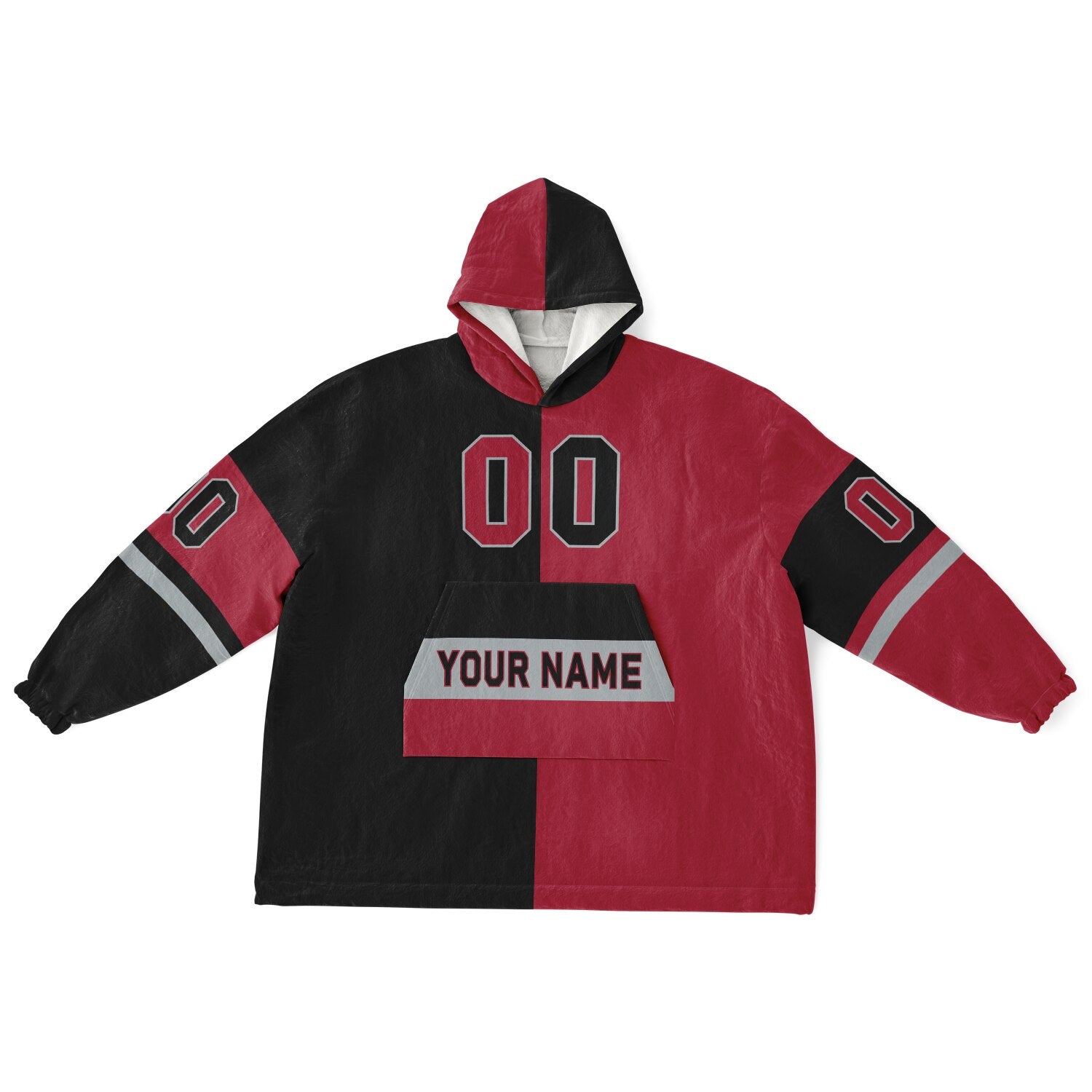 Black, red, and silver halftime snug hoodie with three-tone split design and cozy fleece texture.