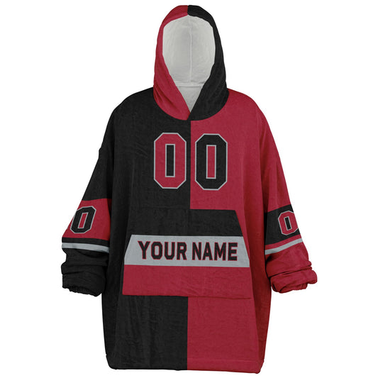 Black, red, and silver halftime snug hoodie with three-tone split design and cozy fleece texture.