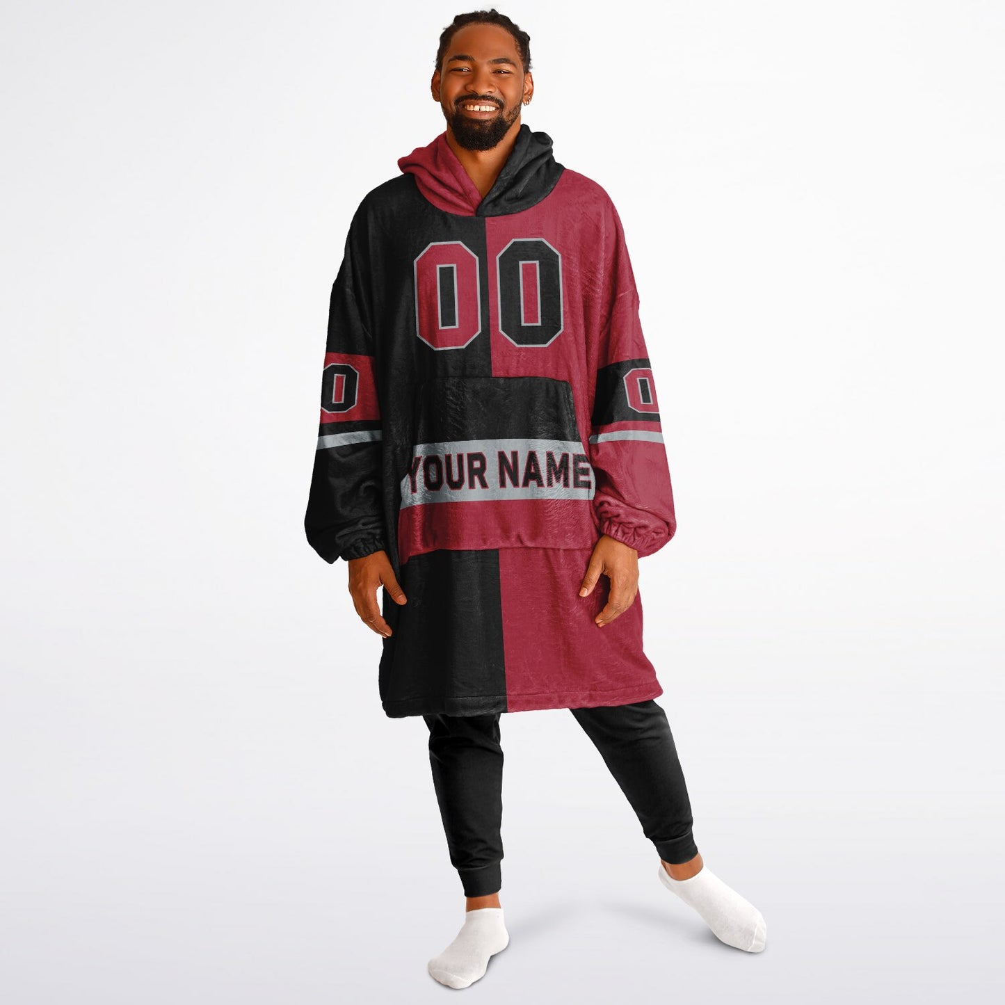 Black, red, and silver halftime snug hoodie with three-tone split design and cozy fleece texture.