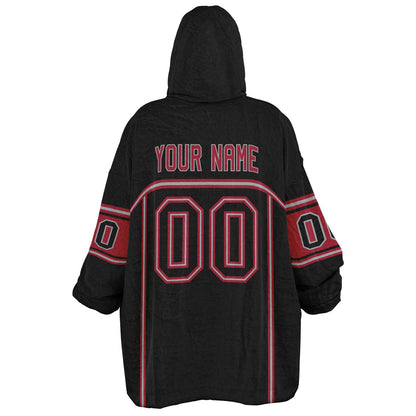 Black, red, and silver lineup snug hoodie with clean line work and subtle jersey influence.