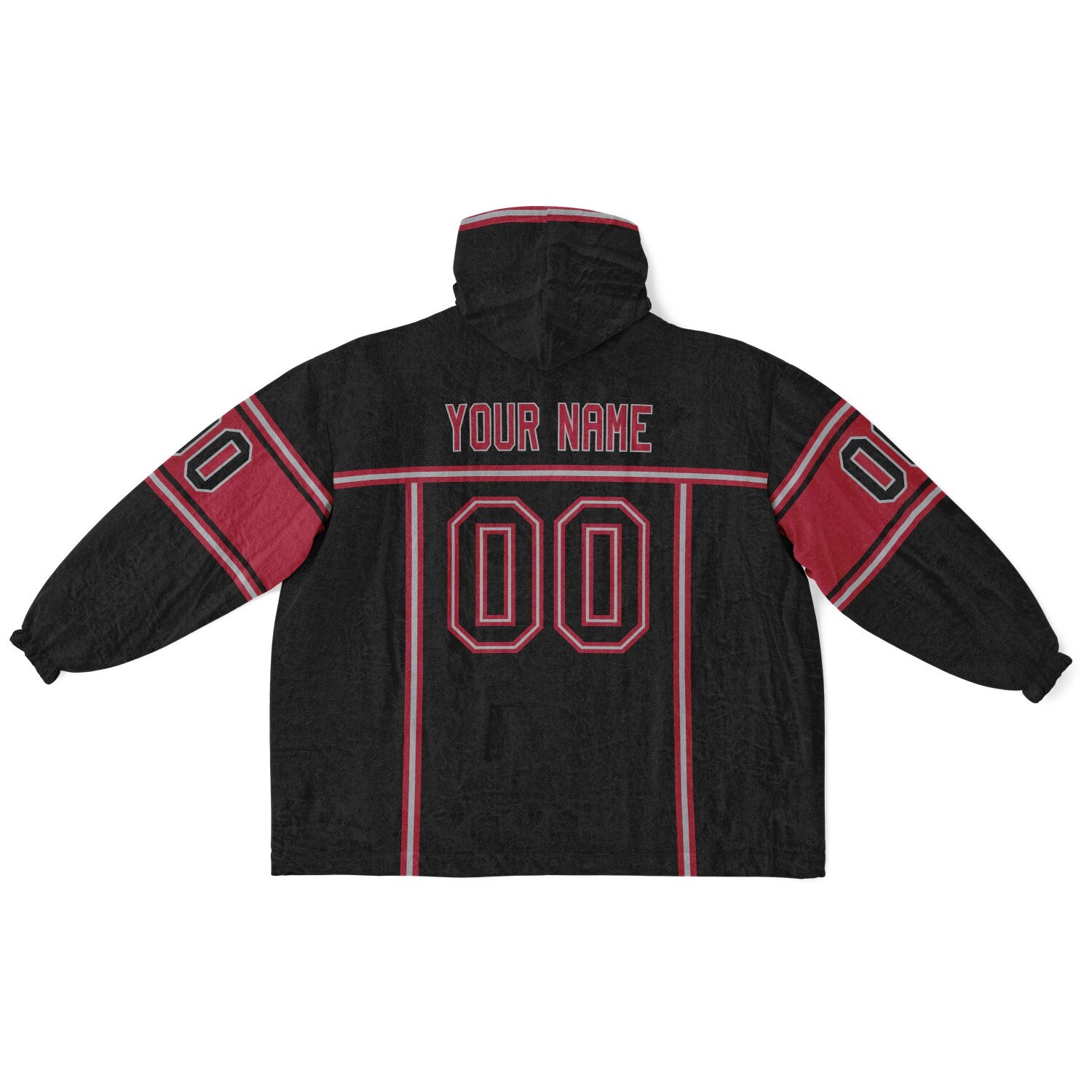 Black, red, and silver lineup snug hoodie with clean line work and subtle jersey influence.