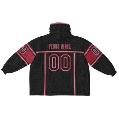 Black, red, and silver lineup snug hoodie with clean line work and subtle jersey influence.