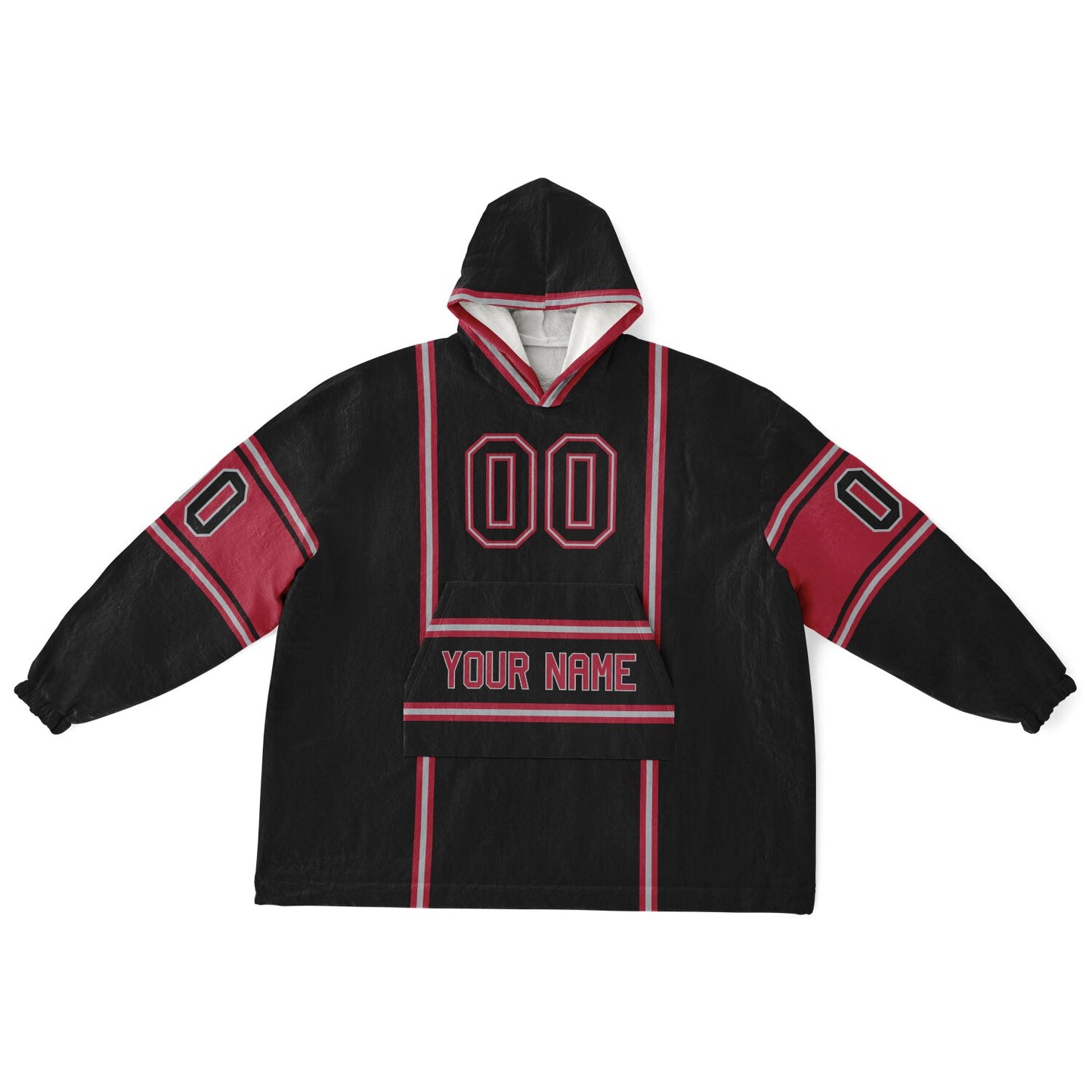 Black, red, and silver lineup snug hoodie with clean line work and subtle jersey influence.