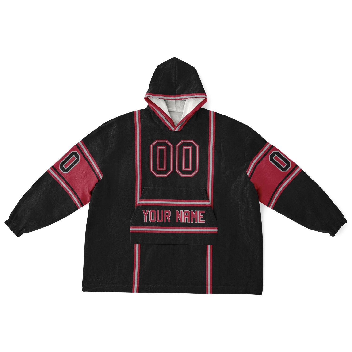Black, red, and silver lineup snug hoodie with clean line work and subtle jersey influence.